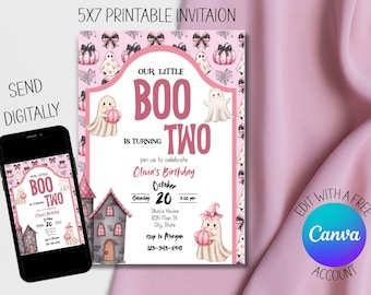Our Little Boo Is Turning Two Invitation | Halloween Birthday Party Invite | Pink Ghost Spooky Cute | Editable Digital Download