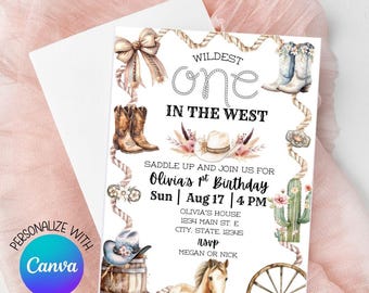 Wildest One in the West Cowgirl Birthday Invitation | First Birthday Rodeo Invite | Western Theme Template | Editable Rustic Country Invite