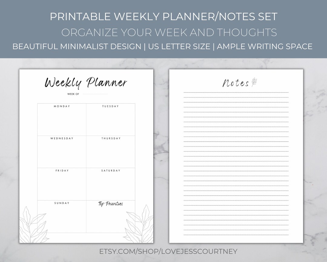 Printable Weekly Planner and Notes Set, Planner and Notes Combo