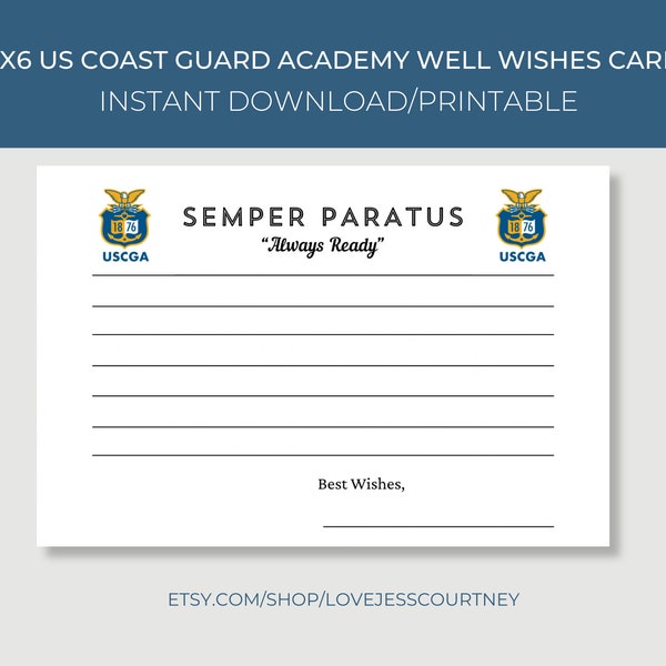 US Coast Guard Well Wishes Card, Military Thank You Cards, Printable Cards, Military Words of Encouragement, US Coast Guard Academy