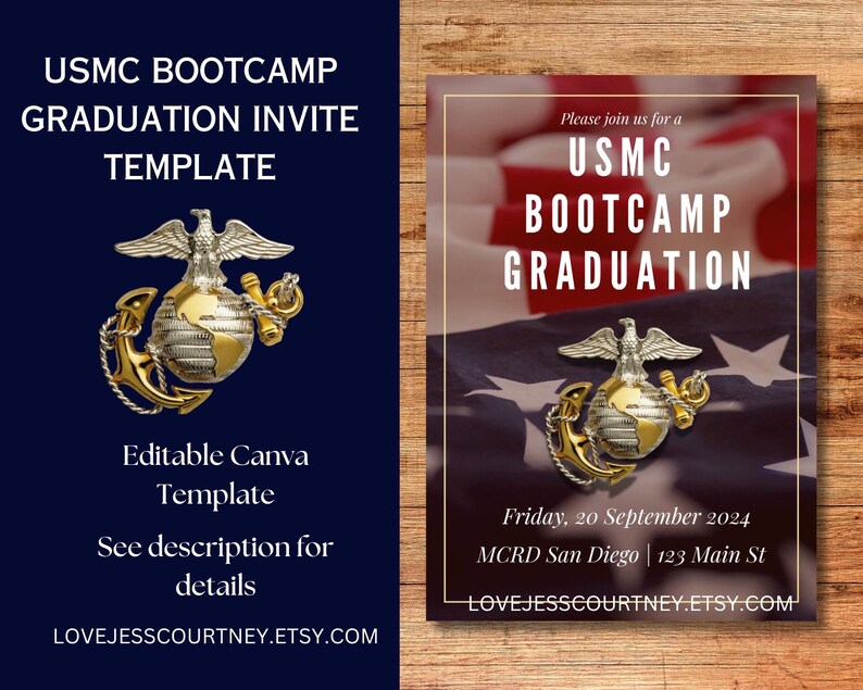 Editable U.S. Marine Corps Bootcamp Graduation Invitation 5x7 Canva