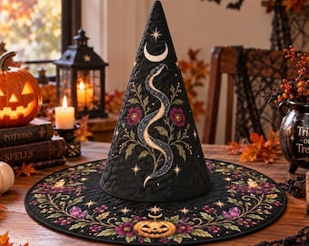 Halloween Quilted Witch Hat, Gothic Celestial Wizard Hat, Black Cat Owl Witchcore Decor, Witch Costume Accessory, Spooky Halloween Gift