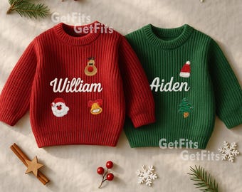 パーソナライズされたベビークリスマスセーター、子供のための手刺繍のホリデーギフト、カスタムネームニットジャンパー、手作りのベビー記念品衣装