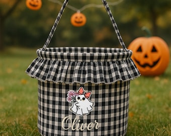 Halloween Gift Kids, Personalized Trick or Treat Basket, Embroidered Halloween Ruffle Bucket, Halloween Candy Bag, Custom halloween bag