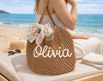 Personalized Crochet Beach Tote Bag, Custom Name Summer Tote, Bridesmaid Gift Bag, Wedding Tote, Bridal Shower Gift,Travel Beach Bag for Her
