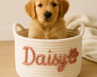 Personalized Dog Toy Basket, Custom Pet Storage Basket with Name, Rope Cotton Dog Toy Bin, New Puppy Gift, Pet Lover Gift, Dog Toy Organizer