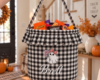 Halloween Basket for Boys, Custom Embroidered Trick or Treat Bag, Personalized Halloween Candy Tote, Kids Halloween Bucket, Halloween Gift
