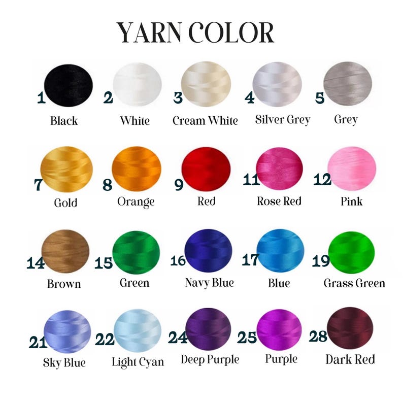 Pu&ograve; includere: Un grafico dei colori intitolato "YARN COLOR" mostra 18 opzioni di colore del filato. I colori includono nero, bianco, bianco crema, grigio argento, grigio, oro, arancione, rosso, rosa, rosa, marrone, verde, blu navy, blu, verde erba, celeste, ciano chiaro, viola scuro, viola e rosso scuro.