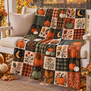 Halloween-lapptäcke, vintagepumpa-spöke-fladdermusfilt, mysig läskig höstdekor, Halloween-heminredning, höstpresent till inflyttningsbarn