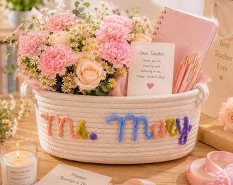 Cesta personalizada para profesores, cesta de almacenamiento con el nombre del profesor personalizado, regalo de agradecimiento para profesores, regalo para profesores, organizador de aula, regalo para profesores.