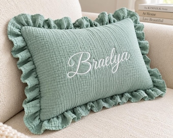 Personalized Name Pillow, Custom Baby Name Punch Needle Pillow, Striped Ruffle Pillow, Embroidered Nursery Pillow, Kids Room Decor