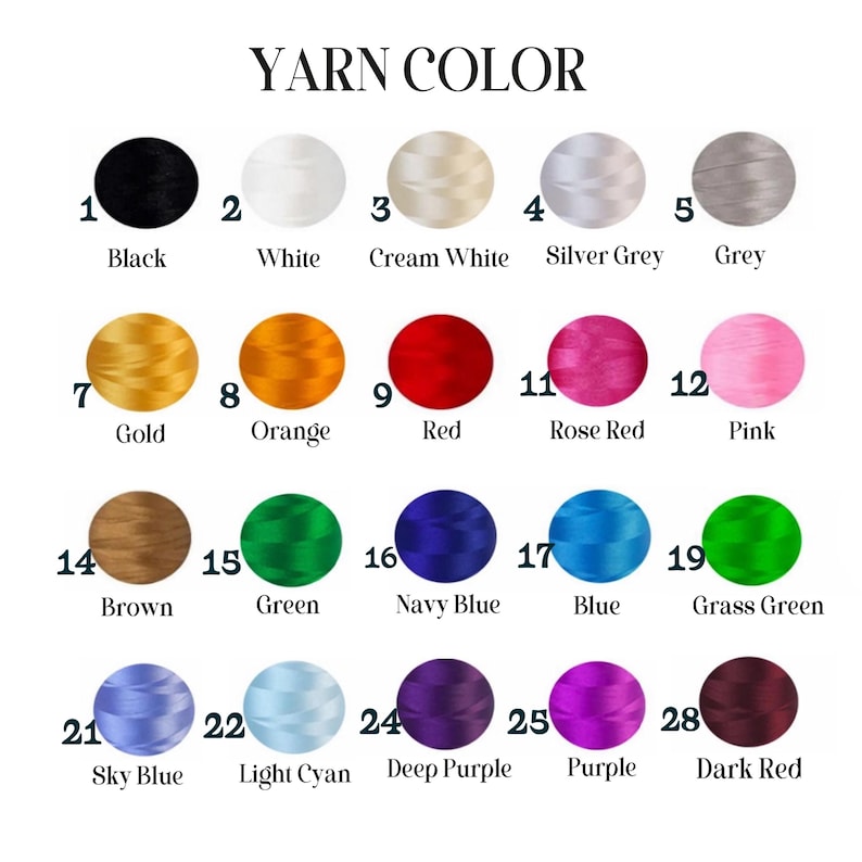 K&ouml;nnte beinhalten: Eine Farbkarte mit der Aufschrift "YARN COLOR" zeigt 16 Garnfarbenoptionen. Zu den Farben geh&ouml;ren Schwarz, Wei&szlig;, Cremewei&szlig;, Silbergrau, Grau, Gold, Orange, Rot, Rosenrot, Pink, Braun, Gr&uuml;n, Marineblau, Blau, Grasgr&uuml;n, Himmelblau, Hellzyan, Dunkelviolett, Lila und Dunkelrot.