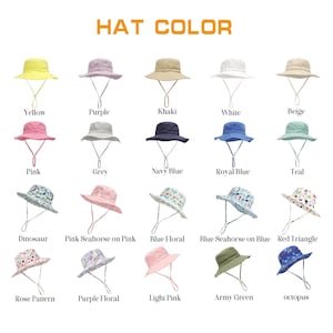 Pu&ograve; includere: Vengono presentati vari cappelli da sole in diversi colori e fantasie. I cappelli includono colori uniti come giallo, rosa e blu navy, oltre a disegni fantasia come dinosauri, fiori e cavallucci marini. Il testo "HAT COLOR" &egrave; in alto.