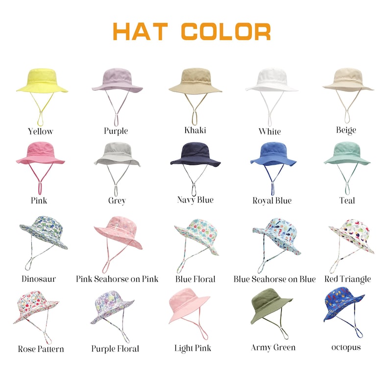 Pu&ograve; includere: Vengono presentati vari cappelli da sole in diversi colori e fantasie. I cappelli includono colori uniti come giallo, rosa e blu navy, oltre a disegni fantasia come dinosauri, fiori e cavallucci marini. Il testo "HAT COLOR" &egrave; in alto.