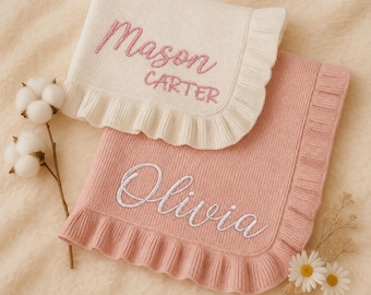 Customized Name Embroidered Newborn Blanket, Personalized Baby Ruffle Blanket, Soft Cotton Knit, Cozy and Warm, Baby Shower Gift