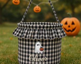 Panier d'Halloween pour garçons, sac brodé personnalisé pour donner des bonbons ou un sort, fourre-tout personnalisé pour bonbons d'Halloween, seau d'Halloween pour enfants, cadeau d'Halloween