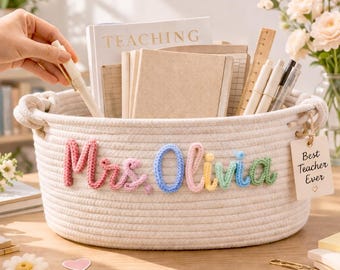 Personalized Teacher Basket, Custom Teacher Name Storage Basket,Teacher Appreciation Gift,Teacher Gift, Classroom Organizer,Gift for Teacher