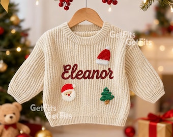 女の子用カスタムクリスマスセーター、手刺繍入り名前入りホリデージャンパー（幼児男の子用）、パーソナライズされたクリスマス衣装ギフト
