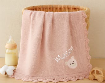Baby Name Blanket – Personalized Muslin Swaddle, Custom Organic Blanket, Hand Embroidered Baby Shower Gift, Custom Newborn Swaddle