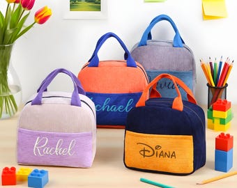 Bolsa de almuerzo escolar personalizada con nombre, regalo personalizado para la vuelta al cole, regalo escolar con monograma, bolsa de almuerzo de pana para jardín de infantes.