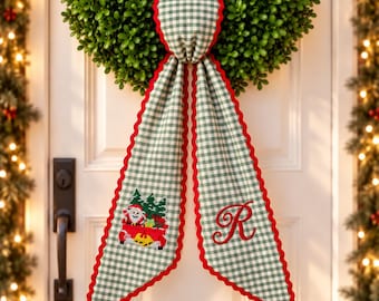 Personalized Christmas Wreath Sash, Custom Embroidered Monogram Bow, Plaid Front Door Decor, Farmhouse Holiday Gift