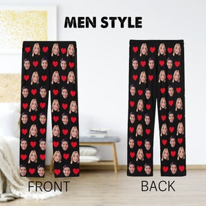 May include: Black pyjama trousers with a repeating pattern of red hearts and faces. The words "MEN STYLE" are at the top of the image. The words "FRONT" and "BACK" are at the bottom of the image.