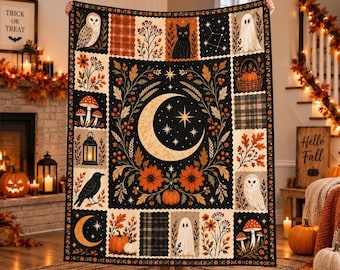 Vintage Halloween Flannel Blanket, Patchwork Ghost Black Cat Throw, Pumpkin Witch Blanket, Cozy Fall Home Decor, Spooky Autumn Gift