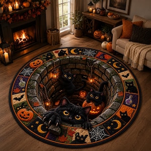May include: A round rug featuring a 3D-style stone well design with black cats, glowing orange pumpkins, hanging lanterns, spider webs, and crescent moons. The border consists of square panels displaying various Halloween-themed illustrations.