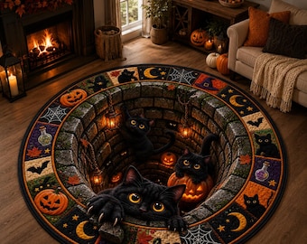 Halloween 3D Black Cat Round Rug, Optical Illusion Area Rug, Spooky Pumpkin Floor Mat, Gothic Fall Home Decor, Witchy Halloween Decoration