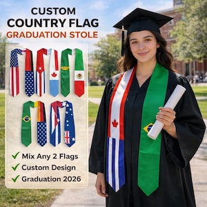 May include: A selection of graduation stoles with country flag designs, including the flags of the USA, Cuba, Canada, and Mexico. A graduate in a cap and gown is wearing a stole with the Canadian and Brazilian flags and holding a diploma.