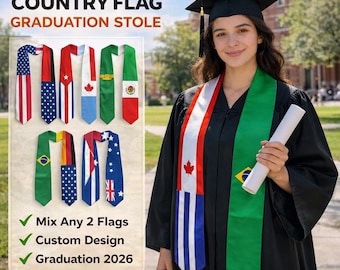 Custom Mixed Flag Graduation Stole, Class of 2026 Sash, Personalized Gifts for Student, 2 flags mixed stole, Granduation gifts, Grad Stoles