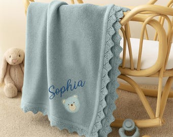 Personalized Baby Boy Blanket, Knit Newborn Blanket, Embroidered Name Blanket, Custom Cotton Blanket for Baby Boy, Newborn Gift, Baby Gifts