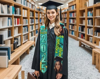 May include: A person wearing a black graduation gown and cap, holding a brown leather briefcase. They are wearing a teal and gold graduation sash with the text "Class of 2025 Ava Miller" printed on it.