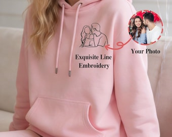 Custom Embroidered Couple Portrait Hoodie, Matching Hoodies for Couples, Valentine's Day Gift for Boyfriend & Husband, Anniversary Gift