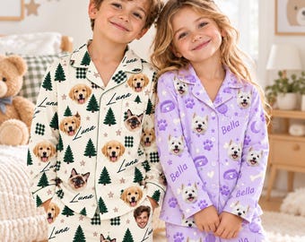 Personalized Kids Pajama Set, Custom Pet Face Photo Long Sleeve PJs, Funny Dog Cat Picture Sleepwear, Christmas Birthday Gift for Boys Girls