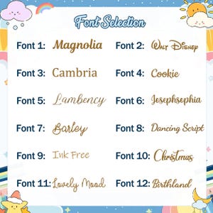 K&ouml;nnte beinhalten: Ein Bild mit der Aufschrift "Font Selection", das 12 verschiedene Schriftarten zeigt. Jede Schriftart ist nummeriert und wird mit ihrem Namen in einer dekorativen Schriftart angezeigt. Die Schriftarten umfassen Magnolia, Walt Disney, Cambria, Cookie, Lambency, Josephsophia, Barley, Dancing Script, Ink Free, Christmas, Lovely Mood und Birthland.