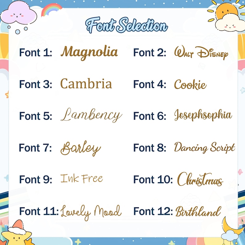 K&ouml;nnte beinhalten: Ein Bild mit der Aufschrift "Font Selection", das 12 verschiedene Schriftarten zeigt. Jede Schriftart ist nummeriert und wird mit ihrem Namen in einer dekorativen Schriftart angezeigt. Die Schriftarten umfassen Magnolia, Walt Disney, Cambria, Cookie, Lambency, Josephsophia, Barley, Dancing Script, Ink Free, Christmas, Lovely Mood und Birthland.