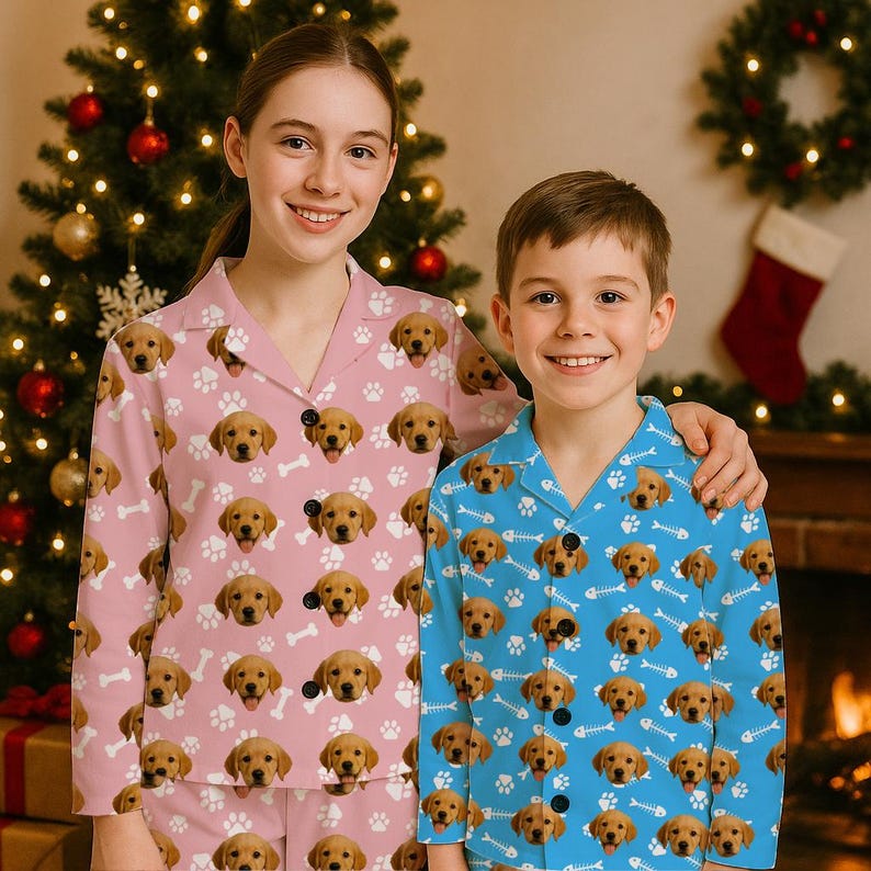 Benutzerdefinierte Kinder Foto-Pyjama-Set, Haustier-Gesicht-Pyjama, Weihnachtsfamilien-Pyjama mit Bild, Paar-Pyjama-Set, lustiges Hundegesicht-Pyjama-Kindergeschenk Bild 2