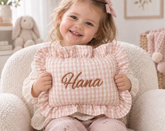 Mini Personalized Gingham Pillow, Custom Name Ruffle Cushion, Embroidered Decorative Pillow, Cottagecore Nursery Decor, Gift for Her