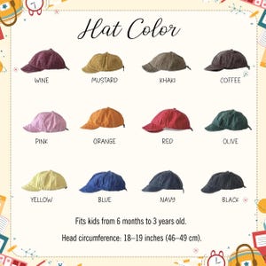 K&ouml;nnte beinhalten: Eine Farbkarte mit Kinderh&uuml;ten in verschiedenen Farben, darunter Weinrot, Senf, Khaki, Kaffee, Rosa, Orange, Rot, Olivgr&uuml;n, Gelb, Blau, Marineblau und Schwarz. Der Text gibt an, dass die H&uuml;te f&uuml;r Kinder im Alter von 6 Monaten bis 3 Jahren geeignet sind, mit einem Kopfumfang von 46-49 cm (18-19 Zoll).