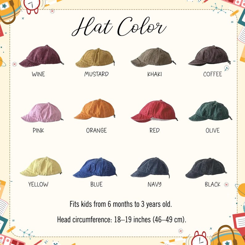 K&ouml;nnte beinhalten: Eine Farbkarte mit Kinderh&uuml;ten in verschiedenen Farben, darunter Weinrot, Senf, Khaki, Kaffee, Rosa, Orange, Rot, Olivgr&uuml;n, Gelb, Blau, Marineblau und Schwarz. Der Text gibt an, dass die H&uuml;te f&uuml;r Kinder im Alter von 6 Monaten bis 3 Jahren geeignet sind, mit einem Kopfumfang von 46-49 cm (18-19 Zoll).