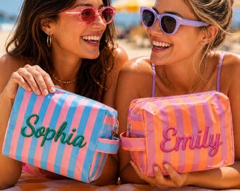 Personalized Embroidered Makeup Bag, Summer Travel Toiletry Organizer, Bridesmaid Gift Beach Bag Set, Wedding Bag, Teacher Gift for Her