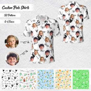 Könnte beinhalten: Weiße Poloshirts mit einem individuellen Muster aus Kindergesichtern und Golf-Illustrationen. Die Shirts tragen den Text "GOLF" und die Option für 0-6 Gesichter. Das Bild zeigt auch Musteroptionen.