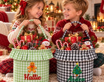 Christmas Basket for Kids, Personalized Name Gift Basket with Handle, Embroidered Christmas Tree or Santa Design, Plaid Present Holder