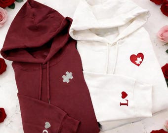 Passendes Puzzleteil-Paar-Sweatshirt, Valentinstagsgeschenk, individuell gesticktes Herz & Puzzleteil-Pullover mit Initialen, Geburtstagsgeschenk