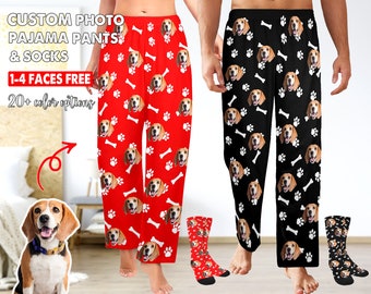 Pantalon de pyjama personnalisé avec photo de chien, pantalon de pyjama tête d'animal amusante, pantalon de pyjama pour chien, chaussettes personnalisées pour animal de compagnie, cadeau d'anniversaire pour la famille