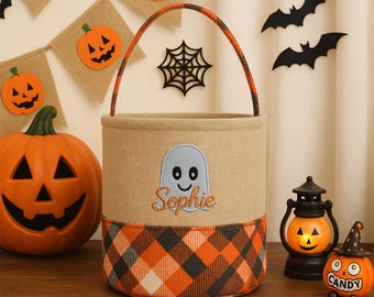 Personalized Halloween Candy Basket, Custom Trick or Treat Tote Bag, Kids Pumpkin Bucket, Soft Rope Halloween Basket, Embroidered Name Gift