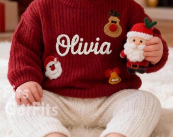 Custom Name Hand-Embroidered Baby Christmas Sweater, My First Christmas 2025 Sweater, Baby Christmas Knit, Baby Sweater, Holiday Baby Gift