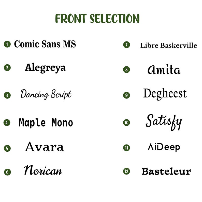 Pu&ograve; includere: Su sfondo bianco, un'intestazione verde recita "FRONT SELECTION". Sono elencate dodici opzioni di font, ciascuna con un numero e un nome, tra cui "Comic Sans MS", "Alegreya" e "Dancing Script".