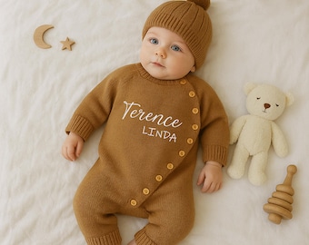 Conjunto personalizado con nombre para bebé, body y gorro de algodón bordados para recién nacido, regalo personalizado para bebé, conjunto para salir del hospital, ropa de invierno para bebé